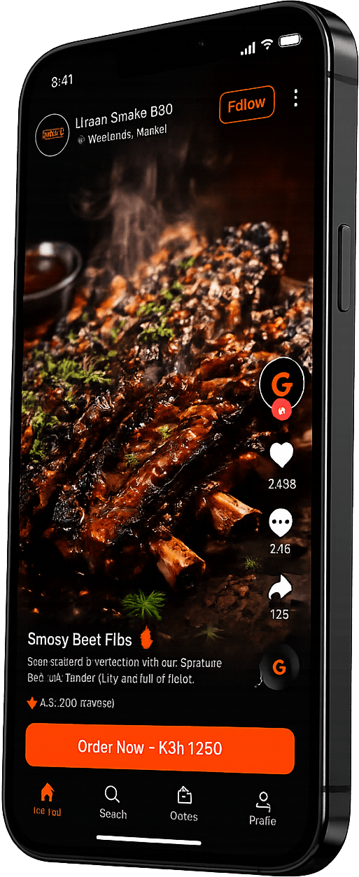 GoDeliveries vertical food-video interface showing a creator, smoky beef ribs, a price and an order button